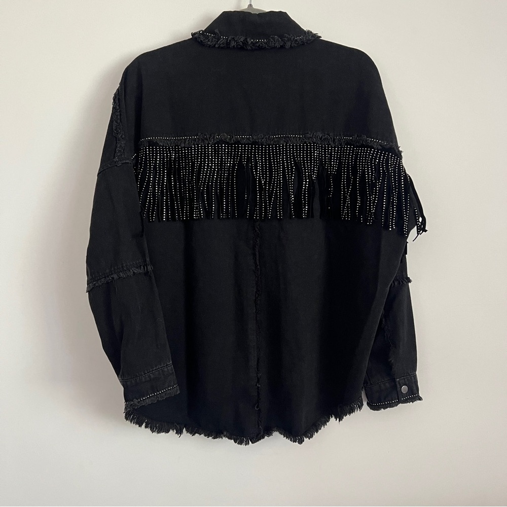 Zara Rhinestone Fringe Studded Jean Jacket Black Women’s Size XS - Picture 7 of 8